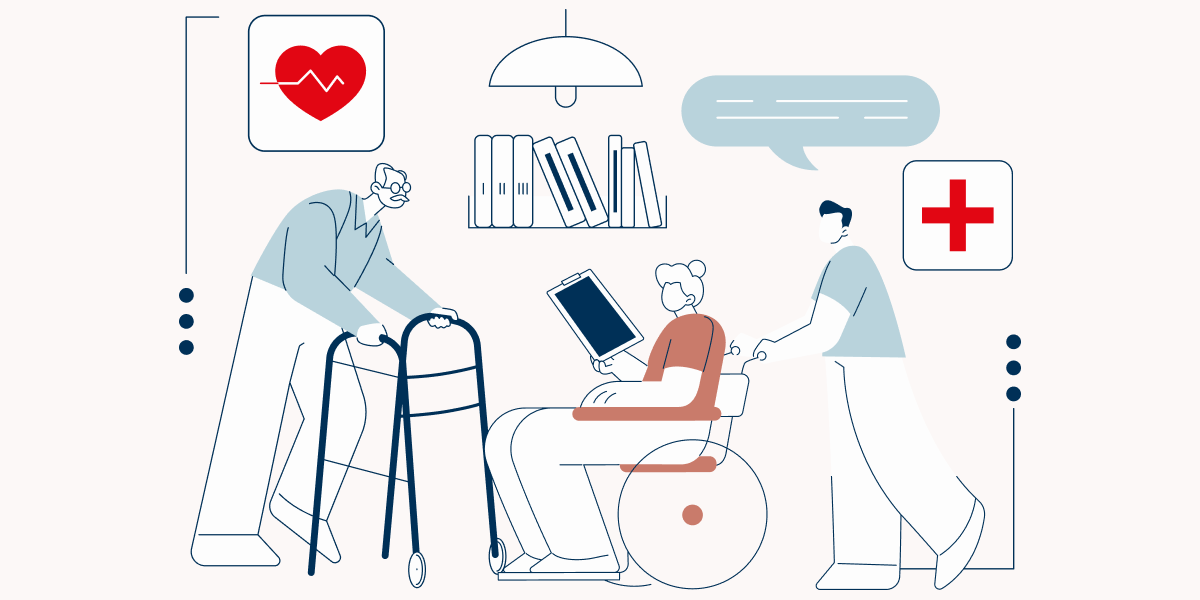 Ilustracja: opiekunowie wspierają seniorów w codziennej aktywności